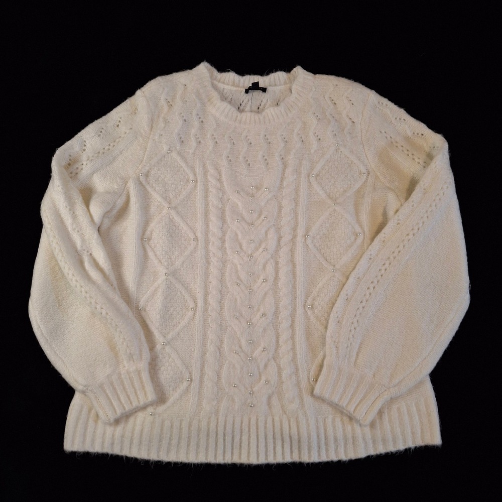Talbots Womens Large Petite PL Sweater Ivory Pearl Cable Knit Crew Neck NWT